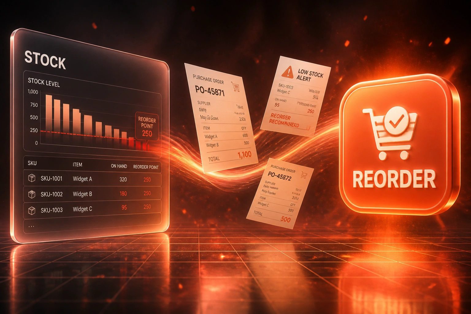 A glass STOCK panel and a coral REORDER badge linked by purchase orders and low-stock alerts on an ember dusk floor grid