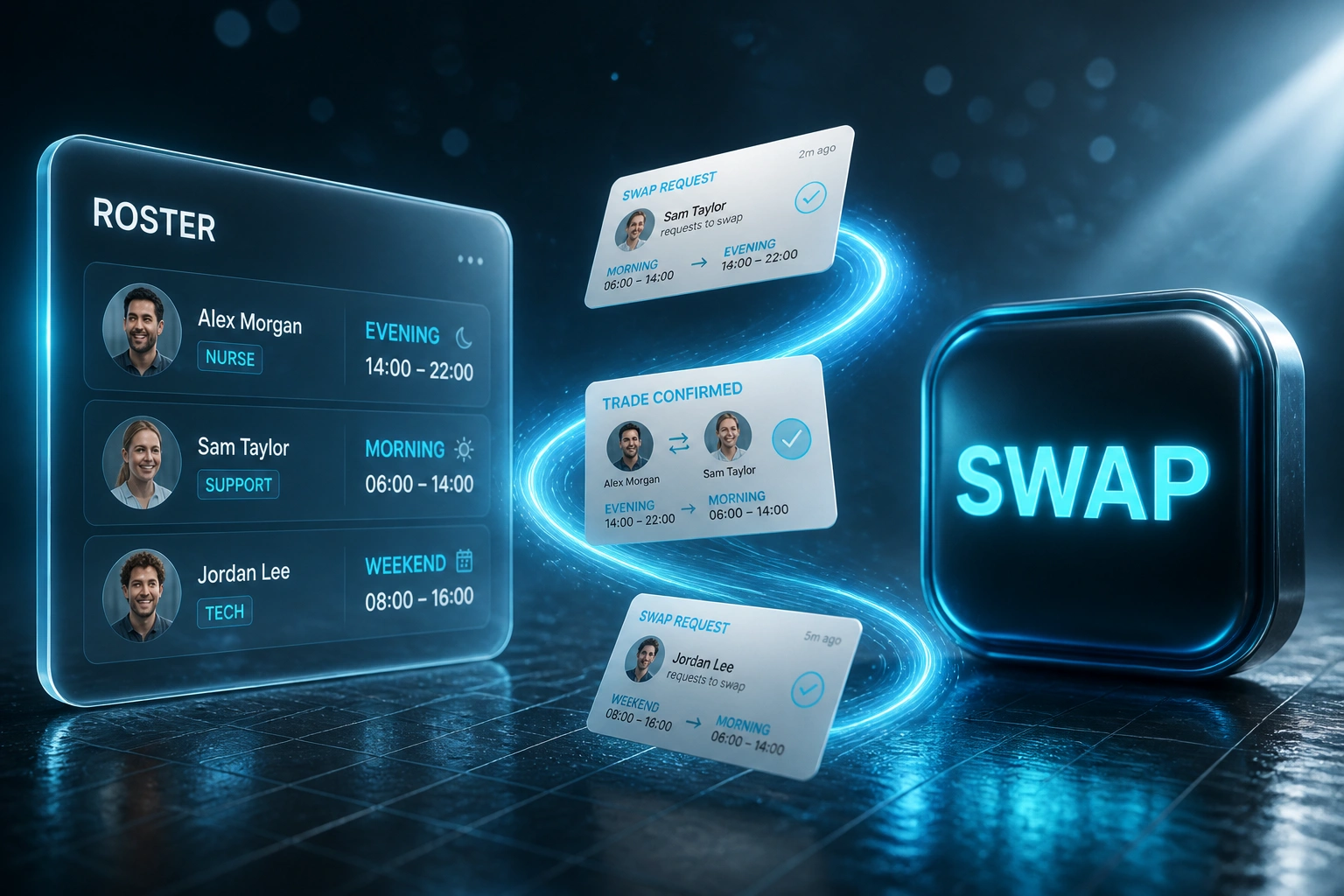 A glass Roster panel and a glossy cyan SWAP badge connected by a ribbon of swap request and trade confirmation cards, illustrating automated shift swap management