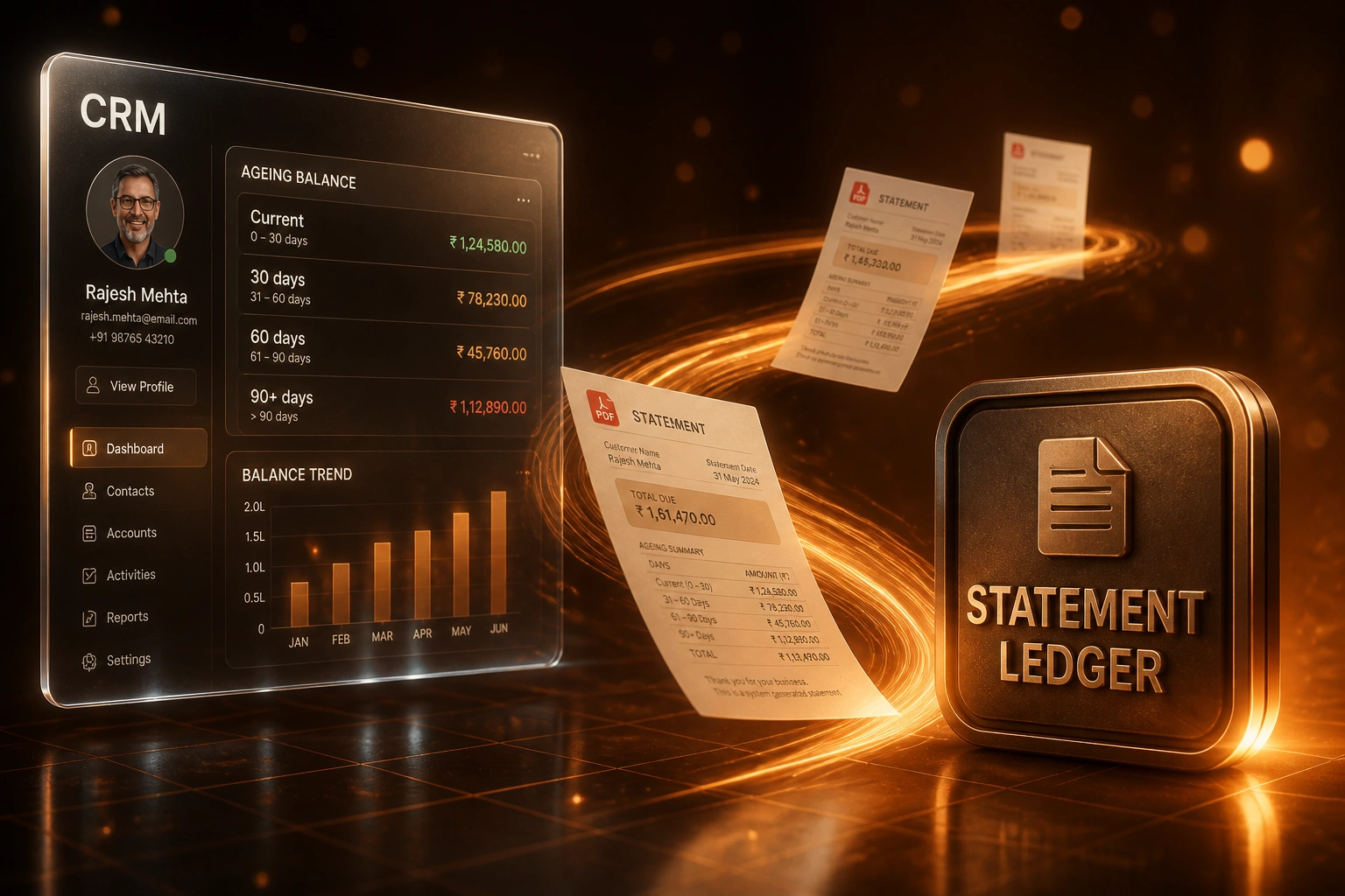 A CRM ageing panel and a STATEMENT LEDGER badge linked by statement PDFs on a bronze light ribbon, illustrating automated customer statement generation