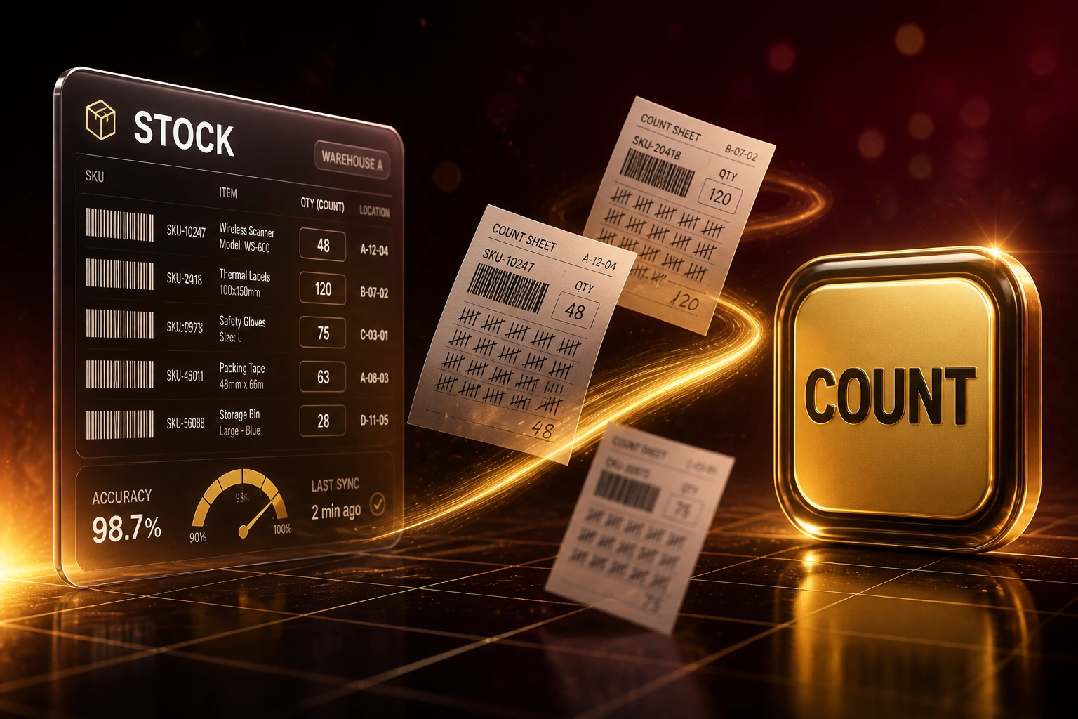 A STOCK inventory panel and a COUNT badge linked by barcode count sheets on a gold ribbon, illustrating automated stocktake and cycle counting
