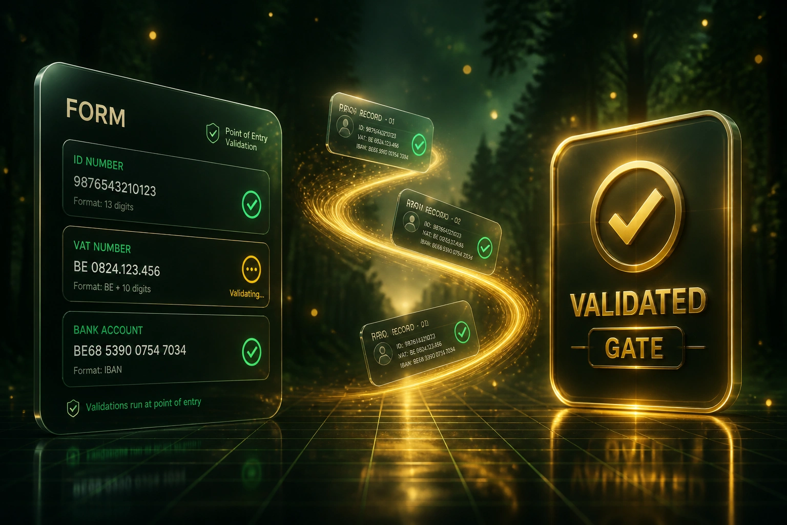 A glass form entry panel and a glossy validated gate badge linked by a gold ribbon of validated record cards, illustrating automated validation rules at the point of entry