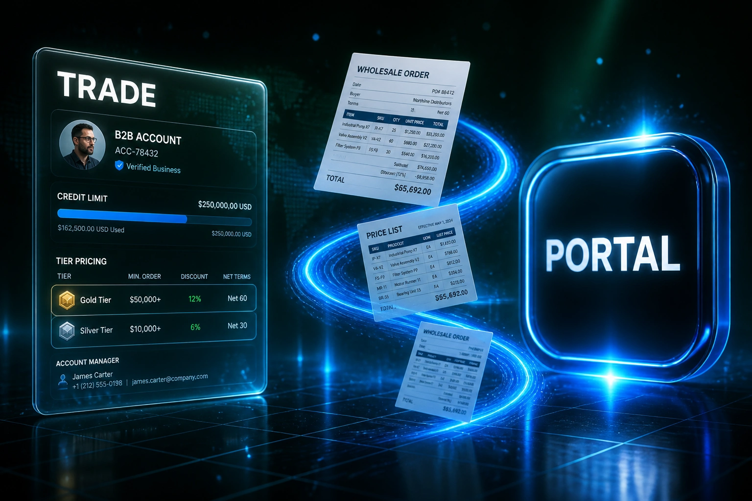 A glass TRADE account panel and a glossy PORTAL badge linked by a glowing ribbon of wholesale orders and price lists