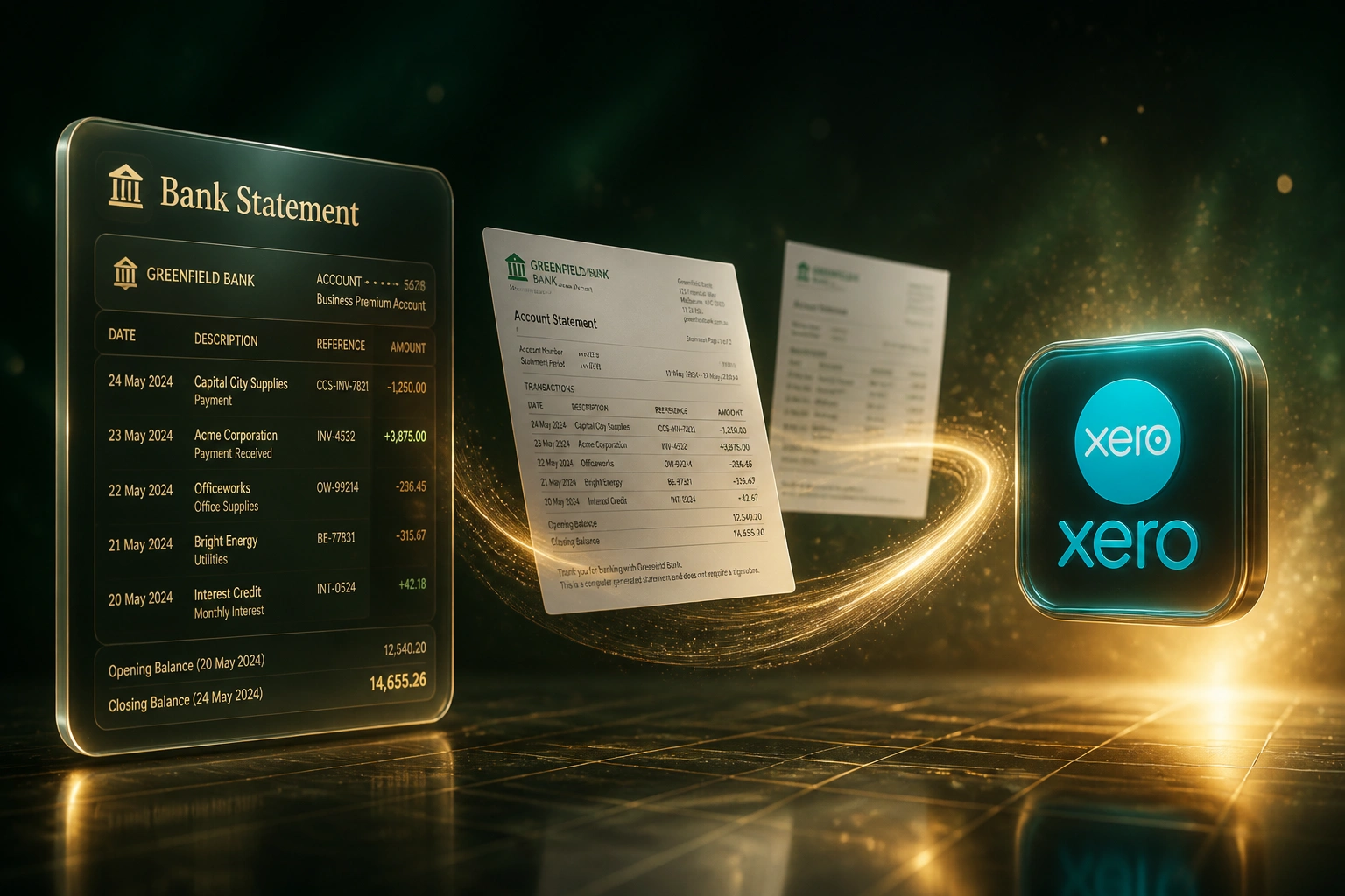 A Bank Statement glass panel and the Xero logo linked by a gold ribbon of statement documents, illustrating automated bank statement data extraction
