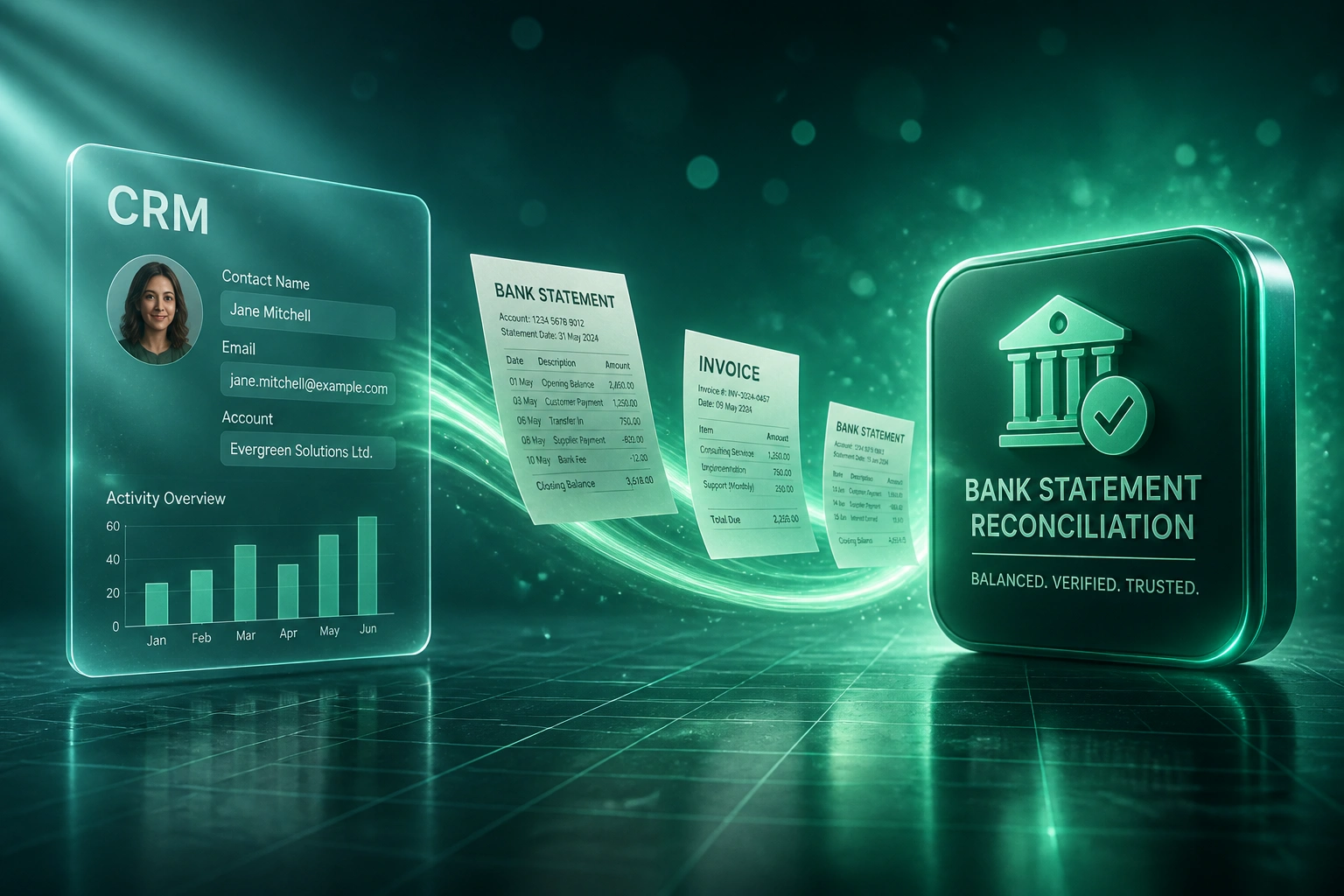 A glass CRM panel and a bank statement reconciliation badge connected by a mint ribbon carrying statement and invoice documents