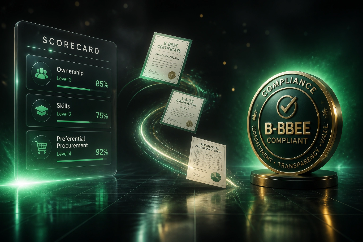 A glass SCORECARD panel with Ownership, Skills, and Preferential Procurement tiles beside a glossy compliance seal, connected by certificate and spend documents on an emerald ribbon