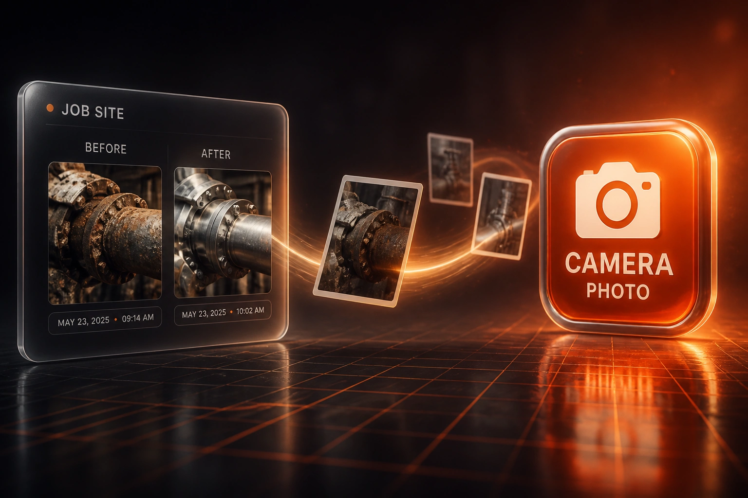 Glass JOB SITE panel showing timestamped before and after field photos connected by a light ribbon to a warm orange camera badge, illustrating mandatory proof of work capture