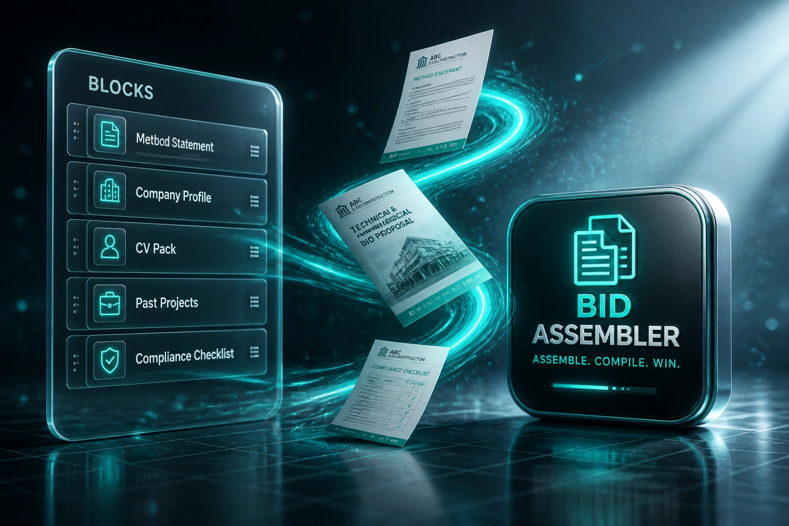 A glass BLOCKS panel of bid content modules and a glossy Bid Assembler badge linked by a teal ribbon of tender documents, illustrating automated bid document assembly