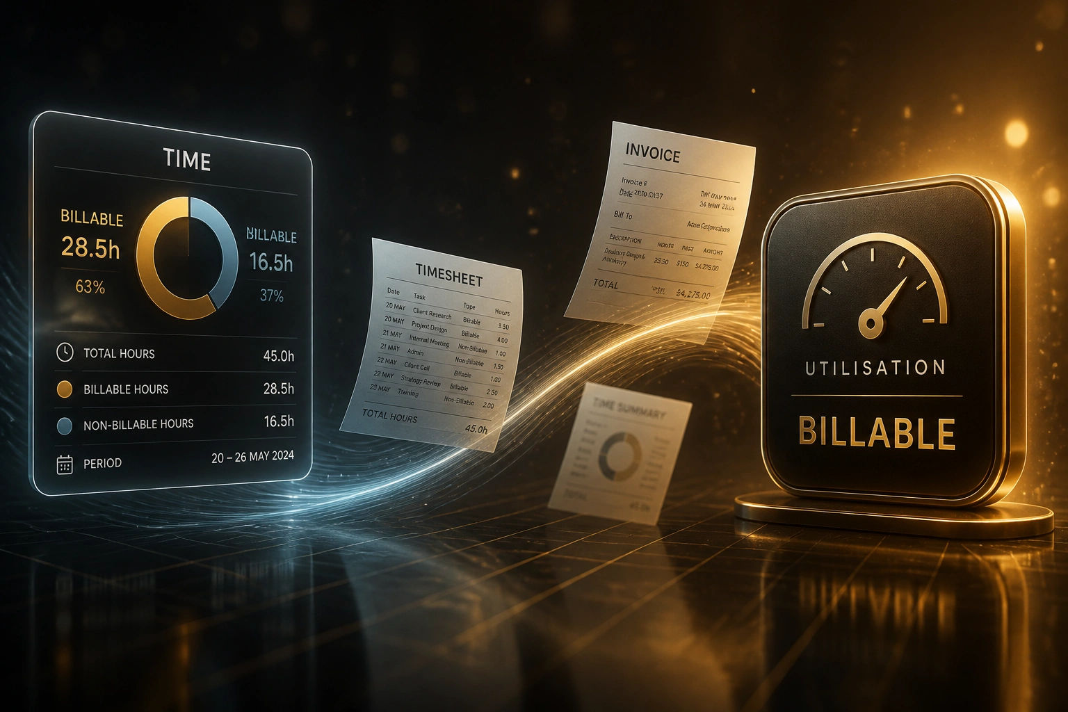 A TIME glass panel showing gold billable and steel non-billable hours linked by a ribbon of timesheets and invoices to a glossy Utilisation Billable badge