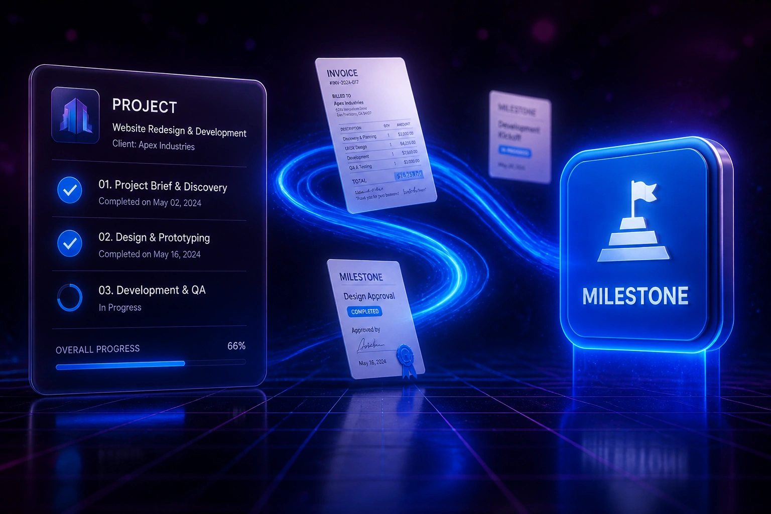 A PROJECT glass panel with a milestone checklist connected by a cobalt ribbon of invoice documents to a glossy MILESTONE badge, illustrating automated milestone invoicing