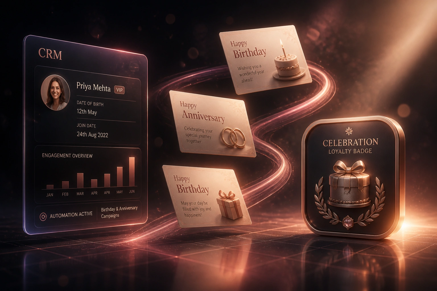 A glass CRM panel with date of birth and join date fields connected by a rose-gold ribbon carrying birthday and anniversary cards to a celebration loyalty badge