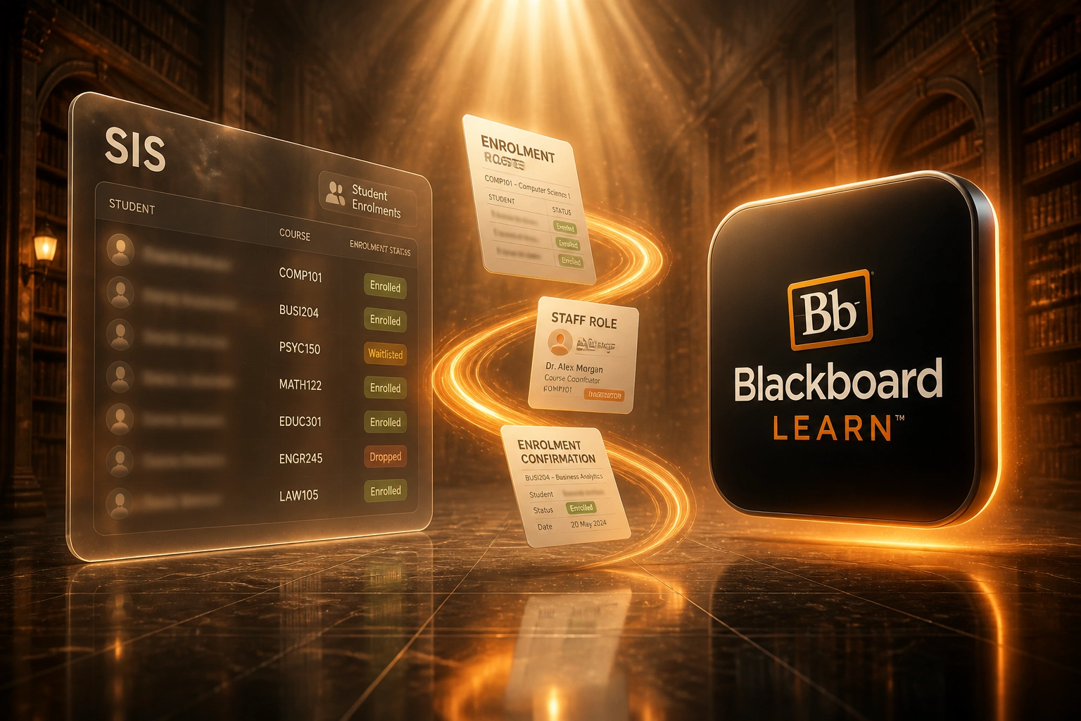 A glass SIS enrolments panel and the Blackboard Learn logo linked by a ribbon of enrolment and staff documents in a warm sandstone library