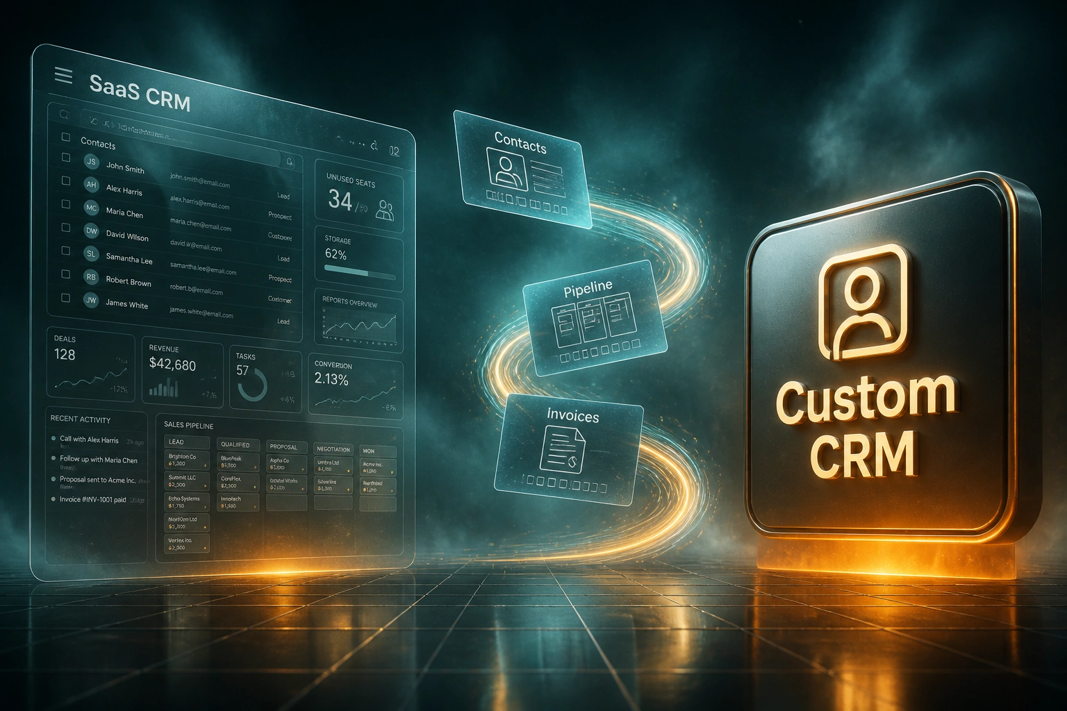Illustration of a cluttered SaaS CRM panel transforming into a custom CRM badge via blueprint modules for contacts, pipeline, and invoices