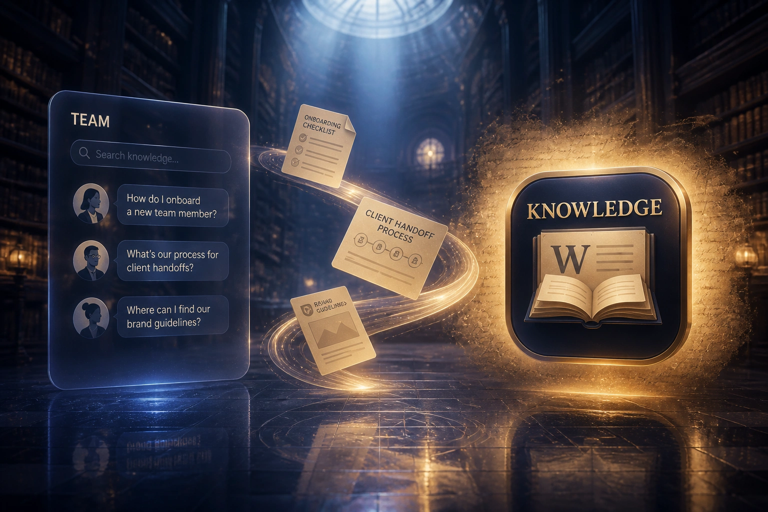 A glass TEAM panel with question bubbles and search, connected by a gold ribbon of article cards to a glossy KNOWLEDGE badge in a deep indigo library