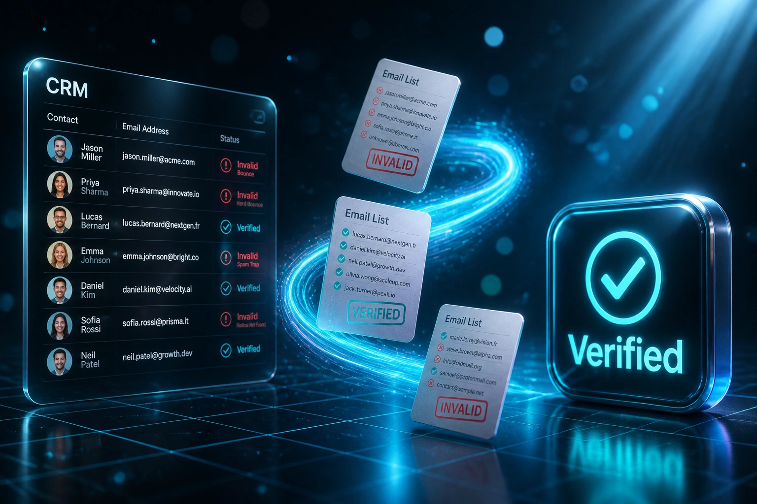 A glass CRM panel showing bounce-flagged contacts connected by a cyan ribbon of email lists to a Verified badge, illustrating bulk email list verification