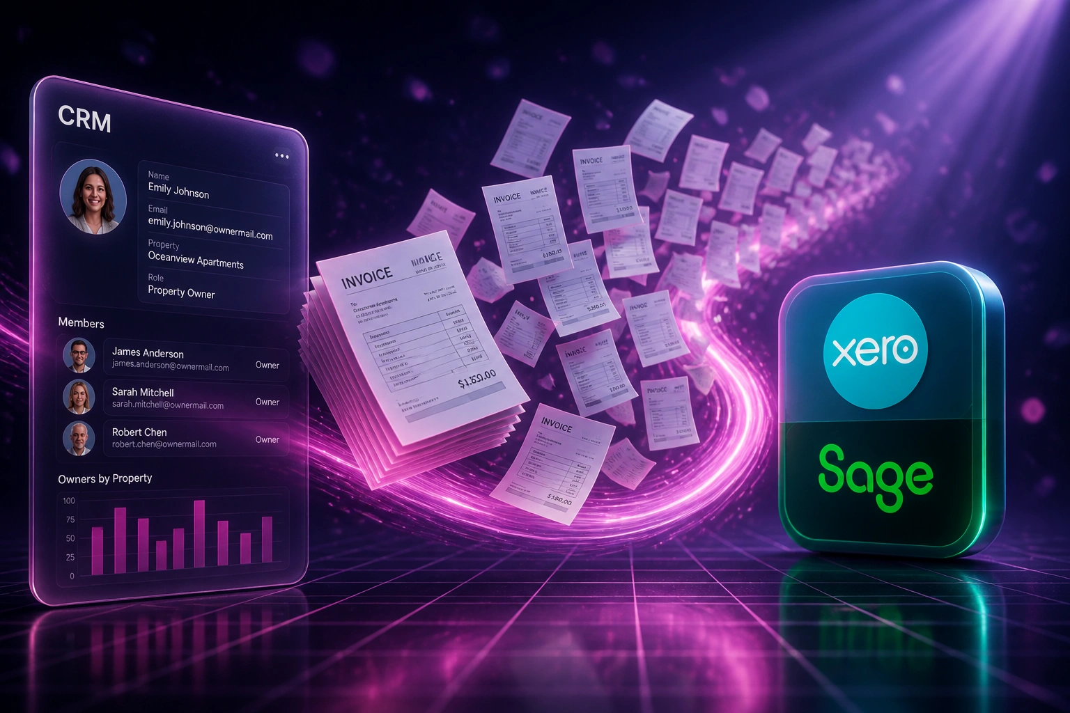 A glass CRM panel and Xero and Sage badges connected by a magenta ribbon carrying a stack of mid-flight invoices, illustrating bulk invoicing automation