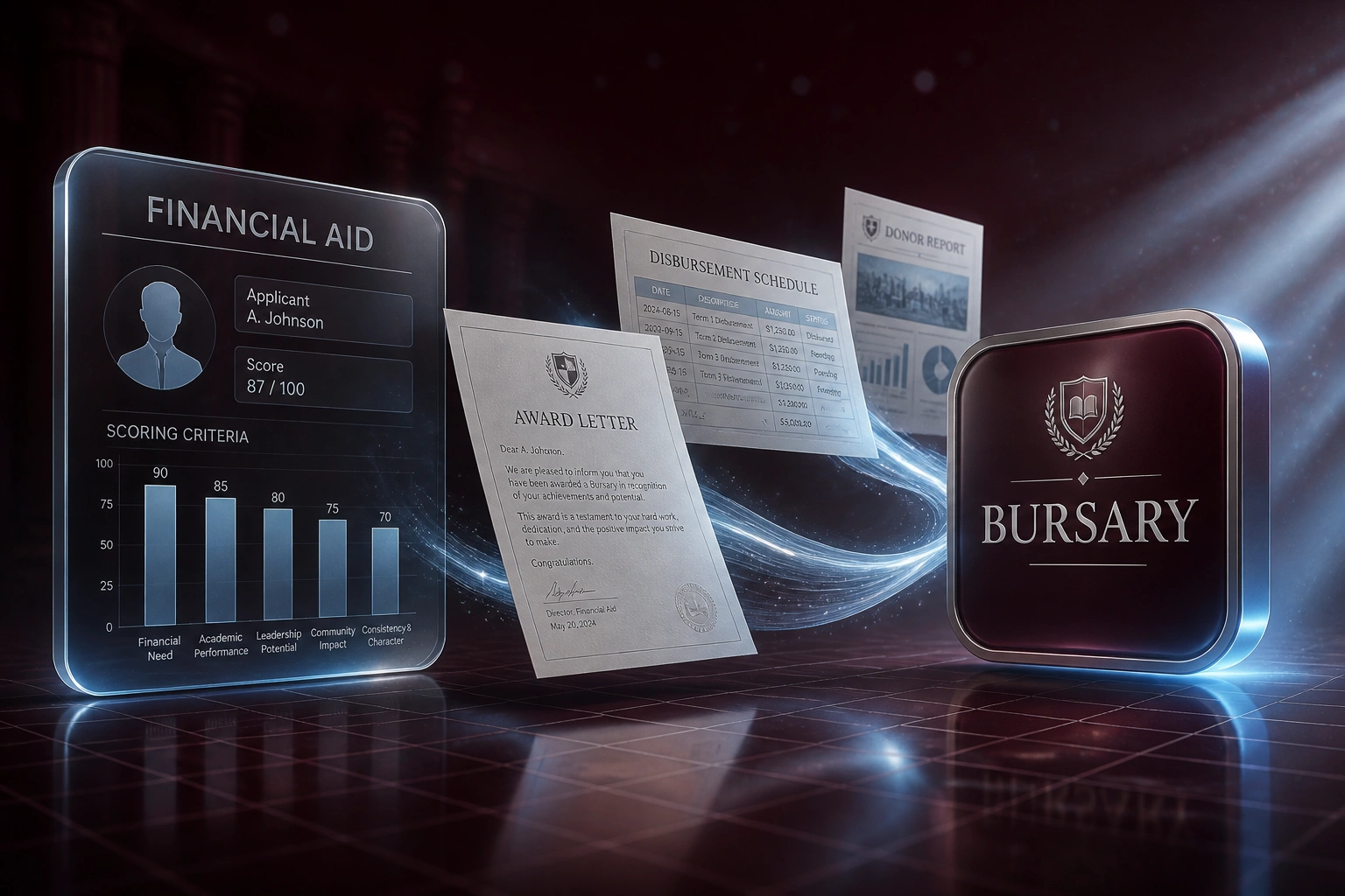 A glass FINANCIAL AID scoring panel and a glossy burgundy BURSARY badge linked by award letters, disbursement schedules, and donor reports on a silver-blue light ribbon