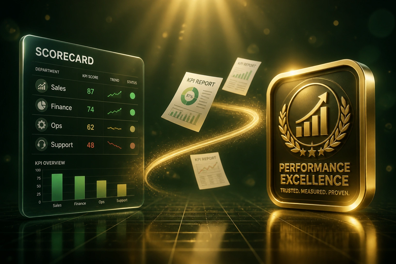 A glass SCORECARD panel and a gold performance badge linked by a ribbon of KPI report documents, illustrating automated department scorecard assembly
