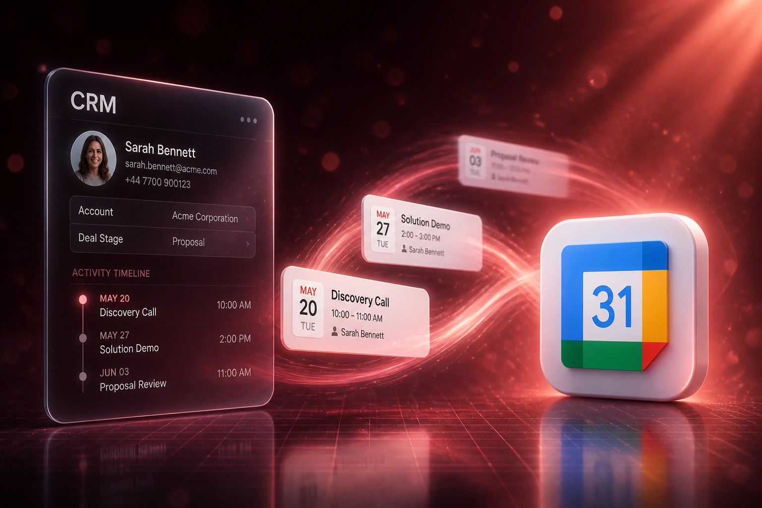 A glass CRM activity panel and a glossy Google Calendar badge linked by a coral ribbon of meeting cards, illustrating automatic calendar to CRM meeting logging