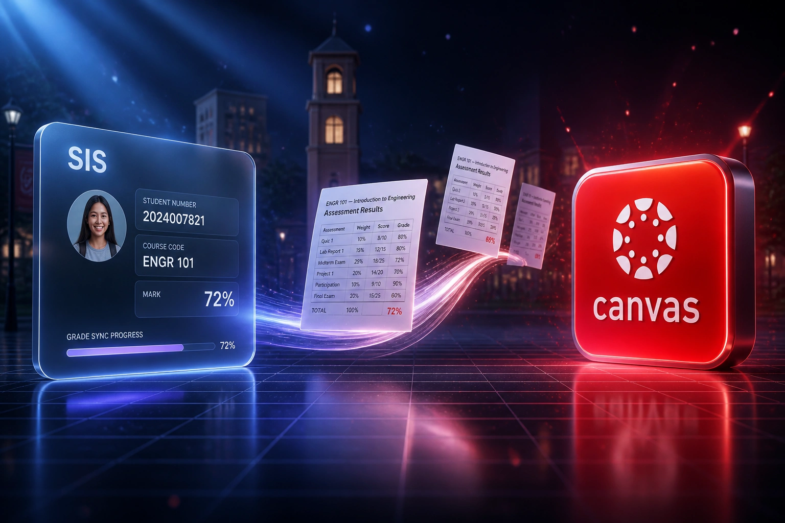 A glass SIS panel and the Canvas LMS logo connected by grade sheets on a light ribbon, illustrating automated Canvas grade passback into the student information system