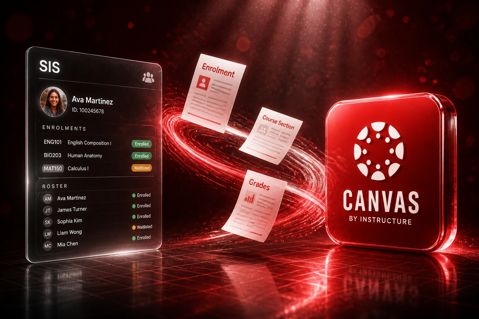 A glass SIS panel and the Canvas LMS logo connected by enrolment, course section, and grades documents on a crimson light ribbon, illustrating Canvas LMS SIS integration