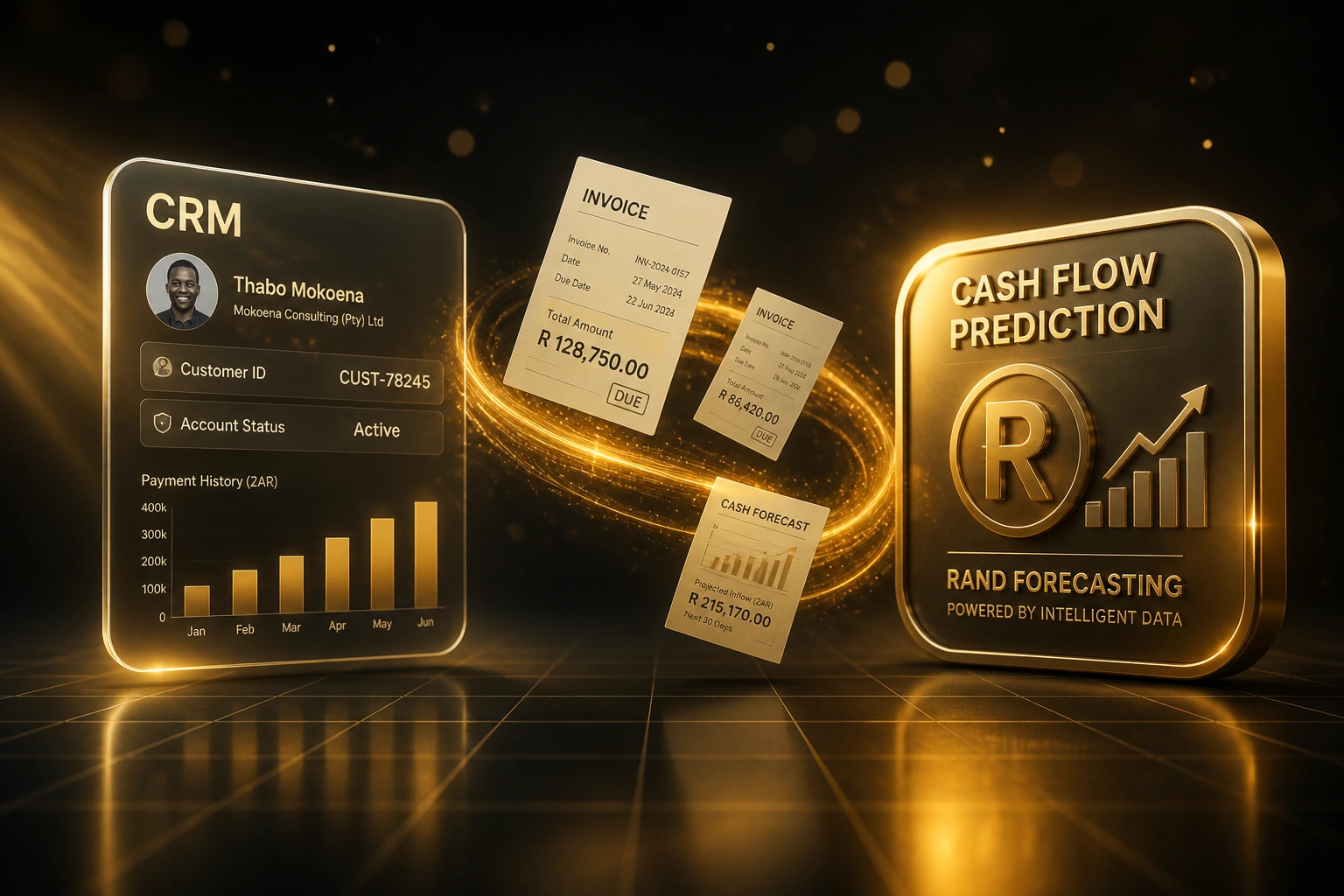 A CRM panel and a gold Rand cash flow prediction badge connected by an amber ribbon of invoices and forecast documents