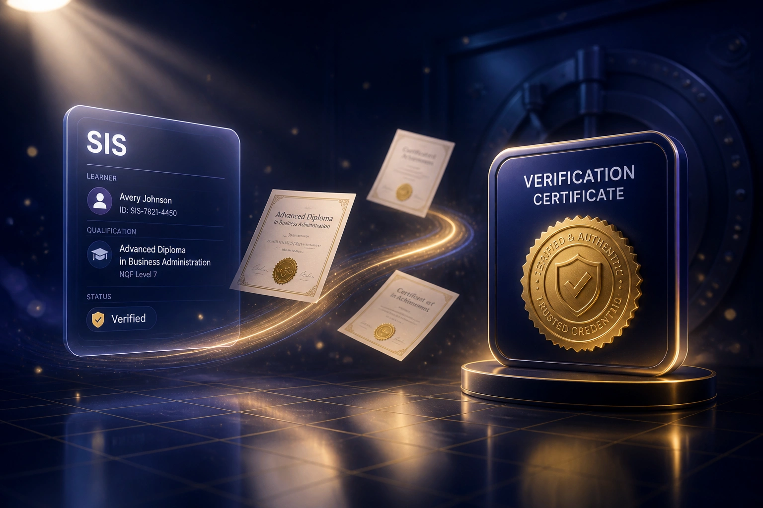 A glass SIS registrar panel and a gold-seal Verification Certificate badge connected by a ribbon of mid-flight credentials in a deep indigo vault
