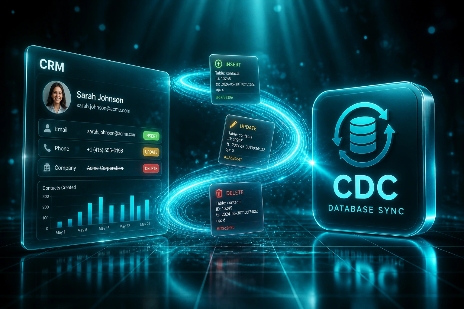 Glass CRM panel with INSERT, UPDATE, and DELETE row indicators linked by an electric cyan ribbon of change-event documents to a glossy CDC Database Sync badge over a midnight teal floor