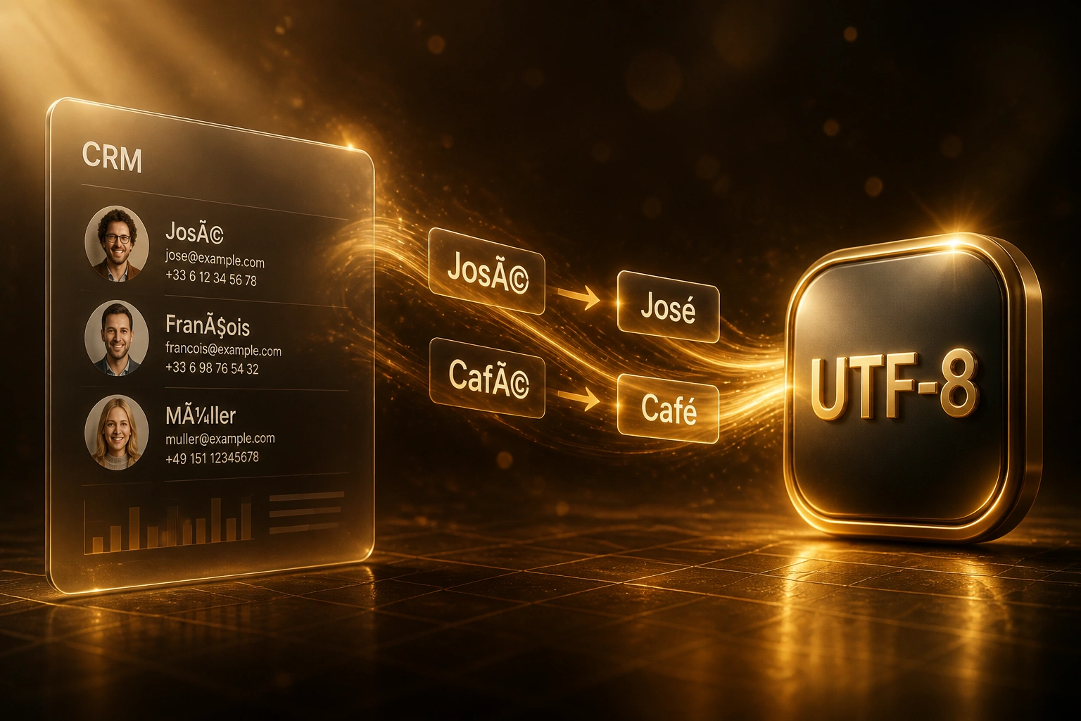 A glass CRM panel showing garbled customer names connected by a gold ribbon of repaired text cards to a glossy UTF-8 badge on a warm dark brown scene