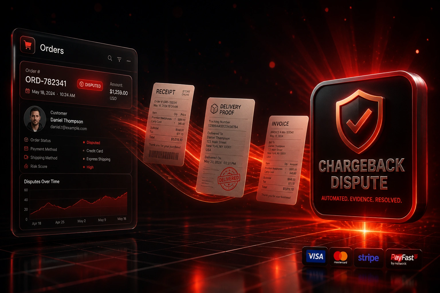 A glass Orders panel showing a disputed order beside a crimson Chargeback Dispute shield, connected by a ribbon of receipt, delivery proof, and invoice evidence