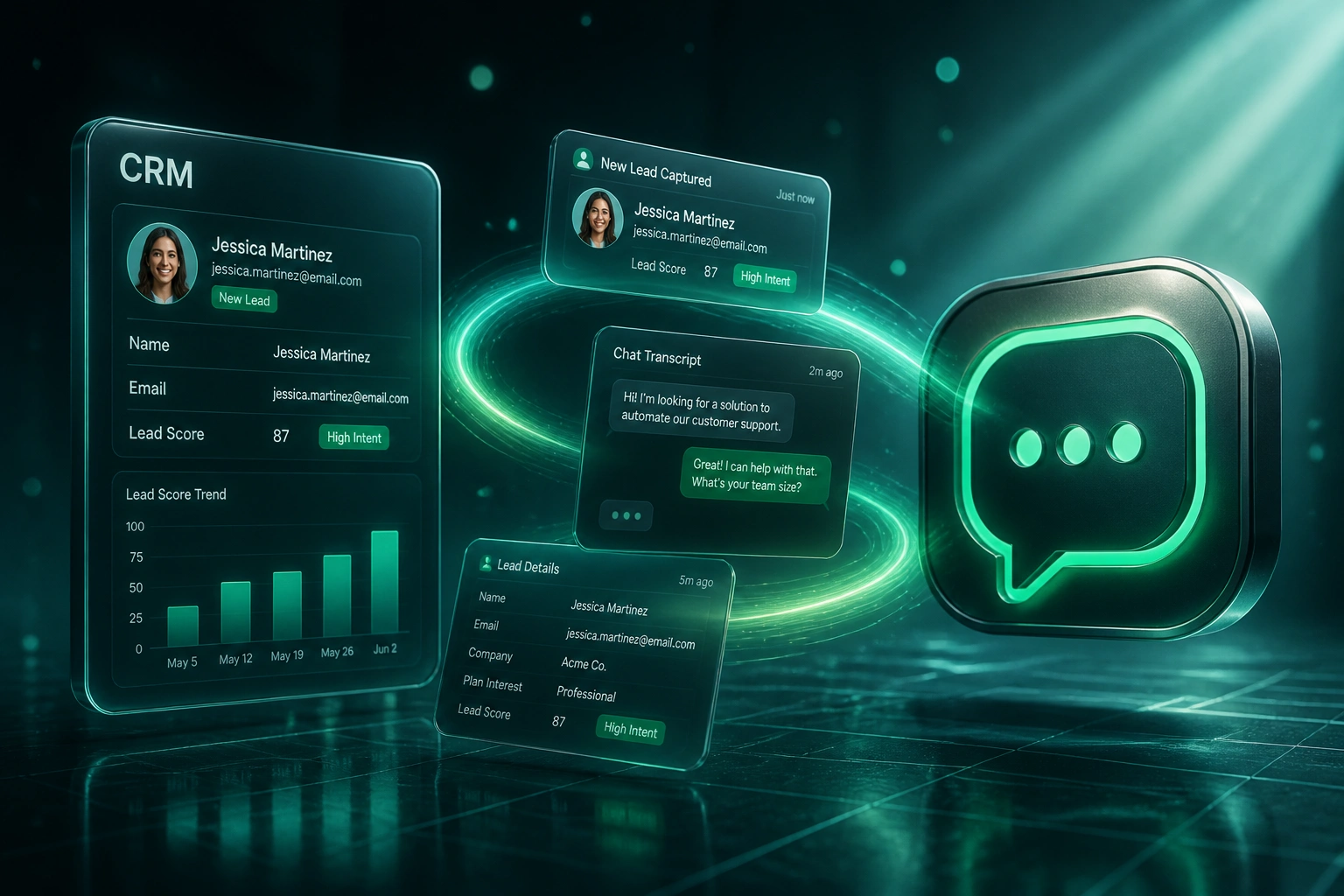 A glass CRM panel with a high-intent lead score connected by an emerald ribbon of chat transcript cards to a glossy speech-bubble chatbot badge, illustrating website chatbot lead capture with CRM write-back