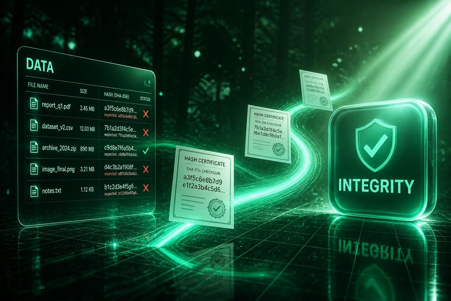 A glass DATA panel showing hash mismatch indicators connected by mint hash-certificate documents to a glossy INTEGRITY badge on a deep forest scene with electric mint right-side light
