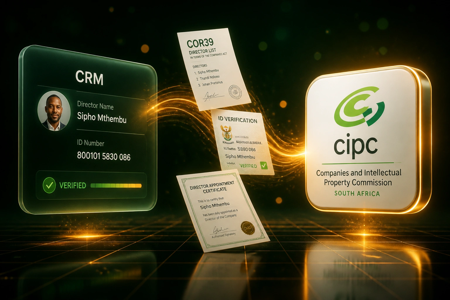 A glass CRM panel and a glossy CIPC badge connected by COR39 and ID-check documents on an amber ribbon of light, illustrating automated director verification