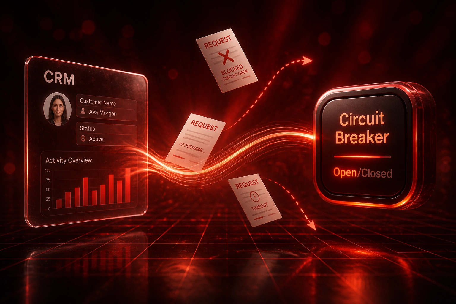 A glass CRM panel and an orange-red Circuit Breaker badge linked by a ribbon of request documents, some blocked when the circuit is open