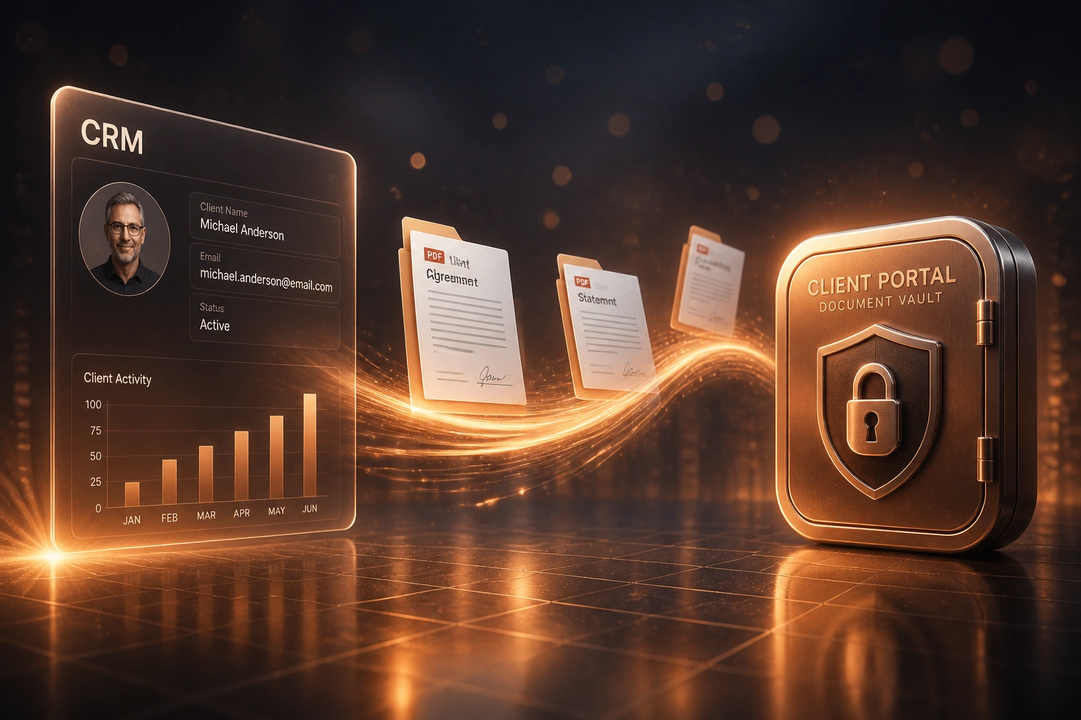 A glass CRM panel connected by a copper ribbon of client documents to a glossy copper client portal vault badge, illustrating secure document portal setup