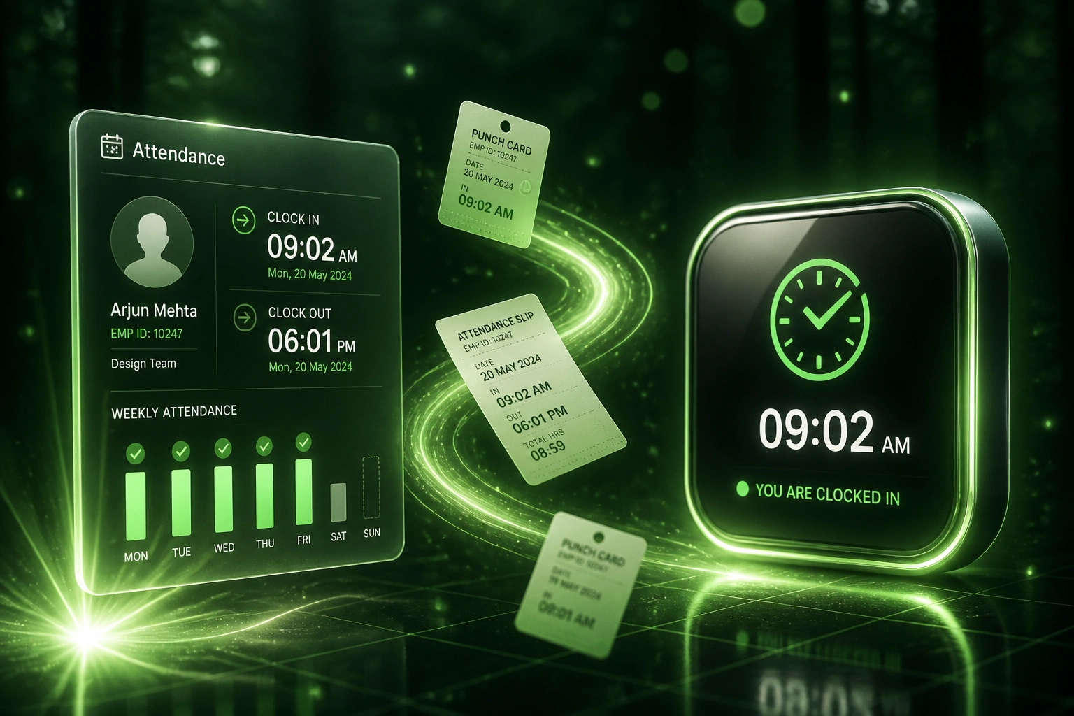 A glass Attendance panel and a glossy digital time-clock badge connected by a mint ribbon of punch cards and attendance slips