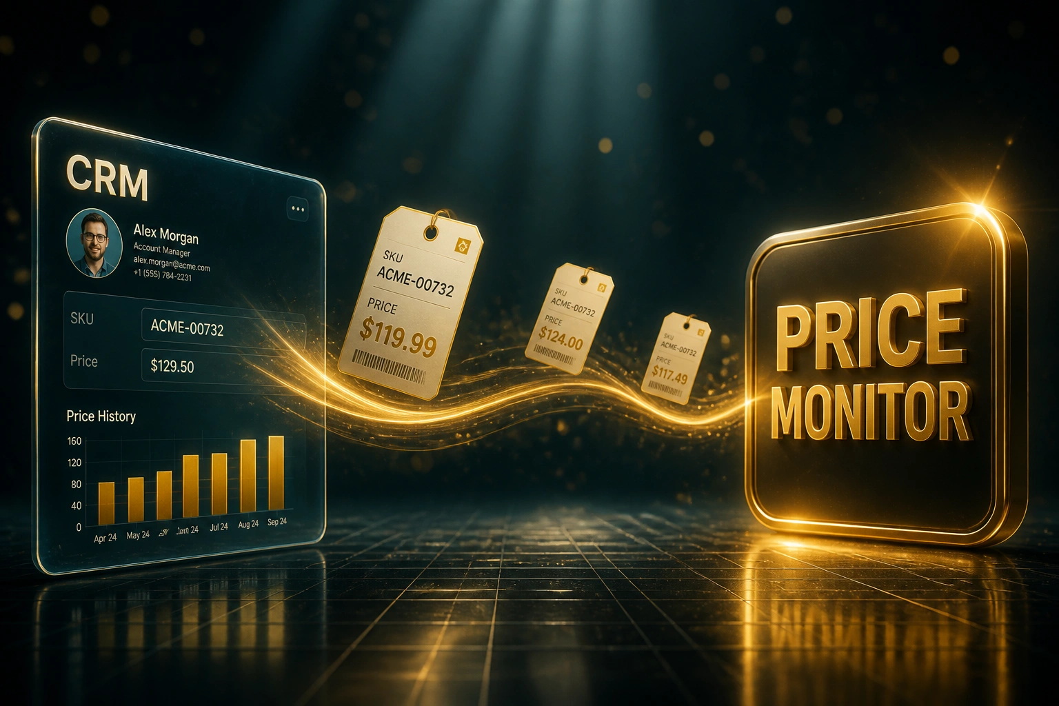 A glass CRM pricing panel and a gold PRICE MONITOR badge connected by a ribbon of light carrying price-tag documents, illustrating competitor price monitoring automation