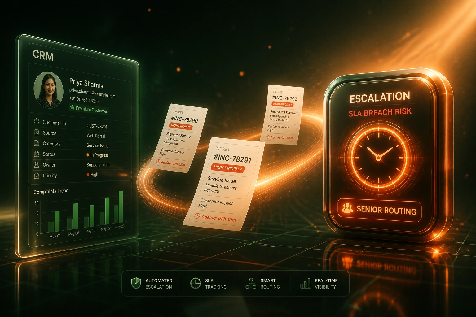 A CRM complaint record and an escalation SLA badge connected by a flowing stream of urgent tickets, illustrating automated severity routing