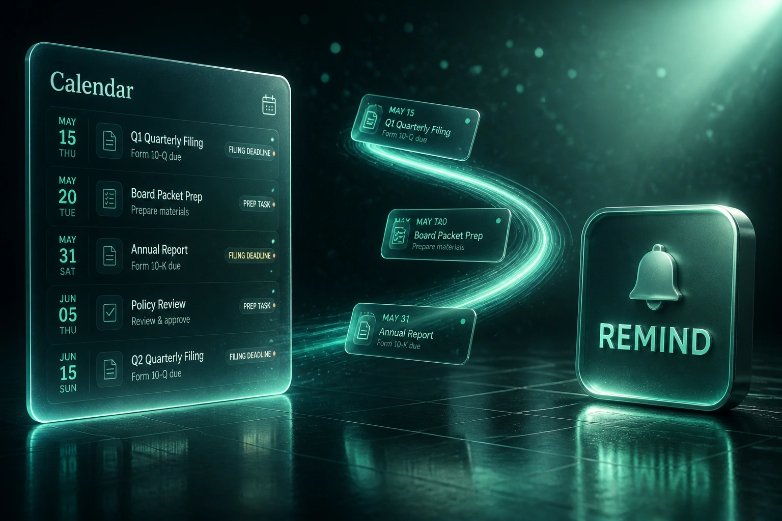 A glass Calendar panel of regulatory deadlines connected by a mint ribbon of task cards to a glossy REMIND badge, illustrating automated compliance deadline tracking