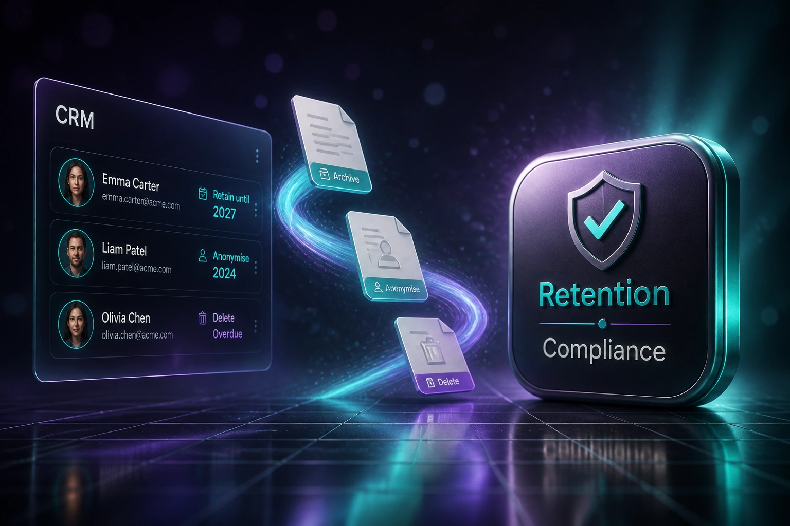 A glass CRM panel with retention-dated contacts linked by a teal ribbon of archive, anonymise, and delete documents to a glossy Retention Compliance badge