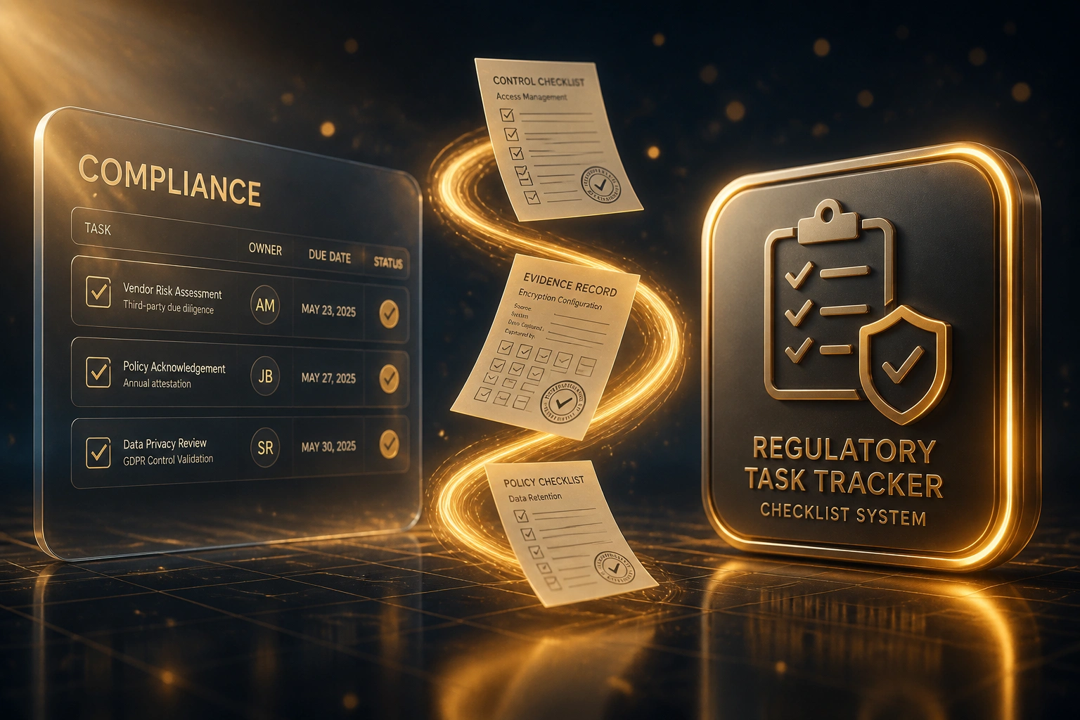 A glass Compliance checklist panel and a glossy Regulatory Task Tracker badge connected by an amber ribbon of evidence documents