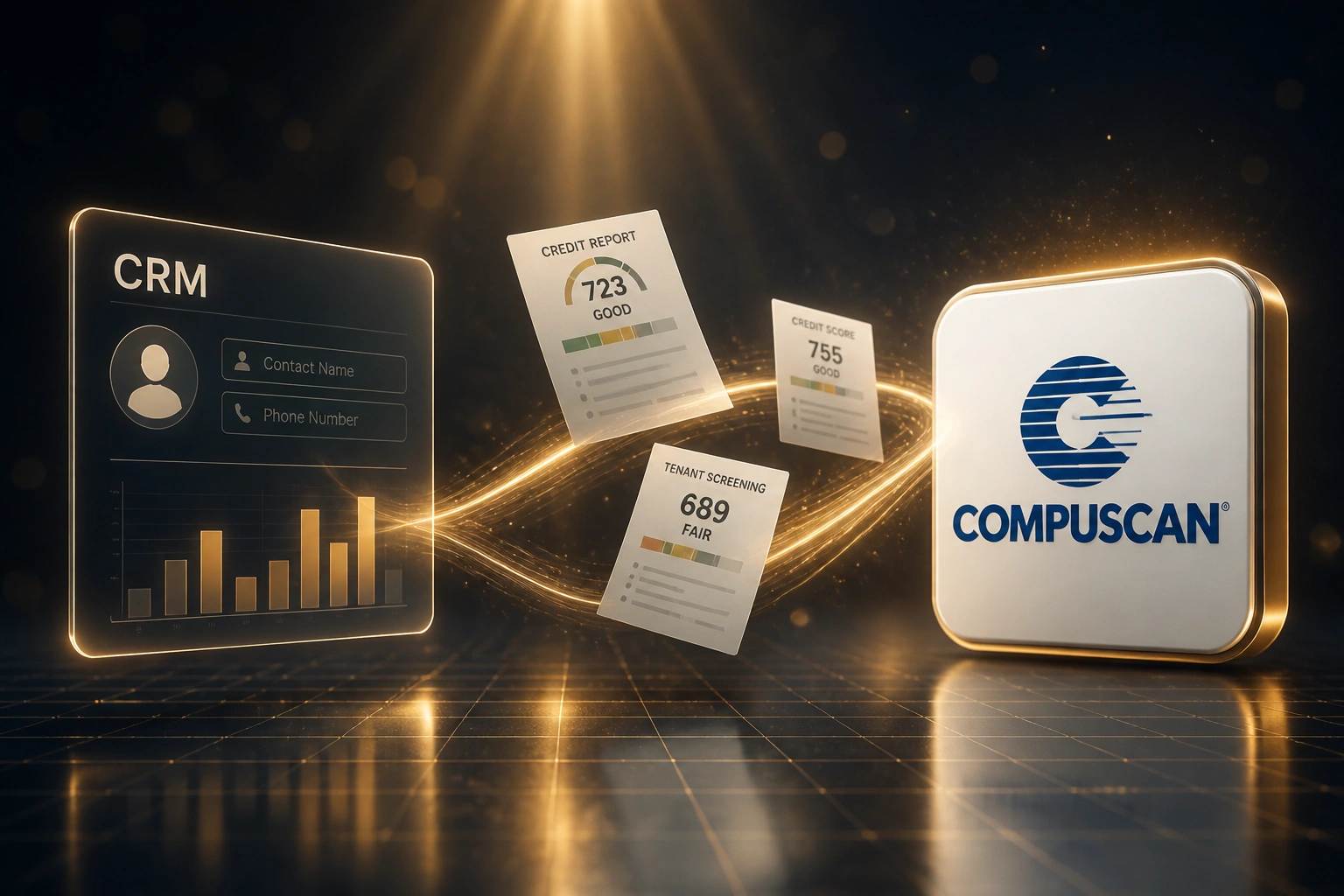 A CRM panel and the Compuscan logo connected by a flowing amber ribbon of credit score and tenant screening documents, illustrating automated Compuscan credit data integration