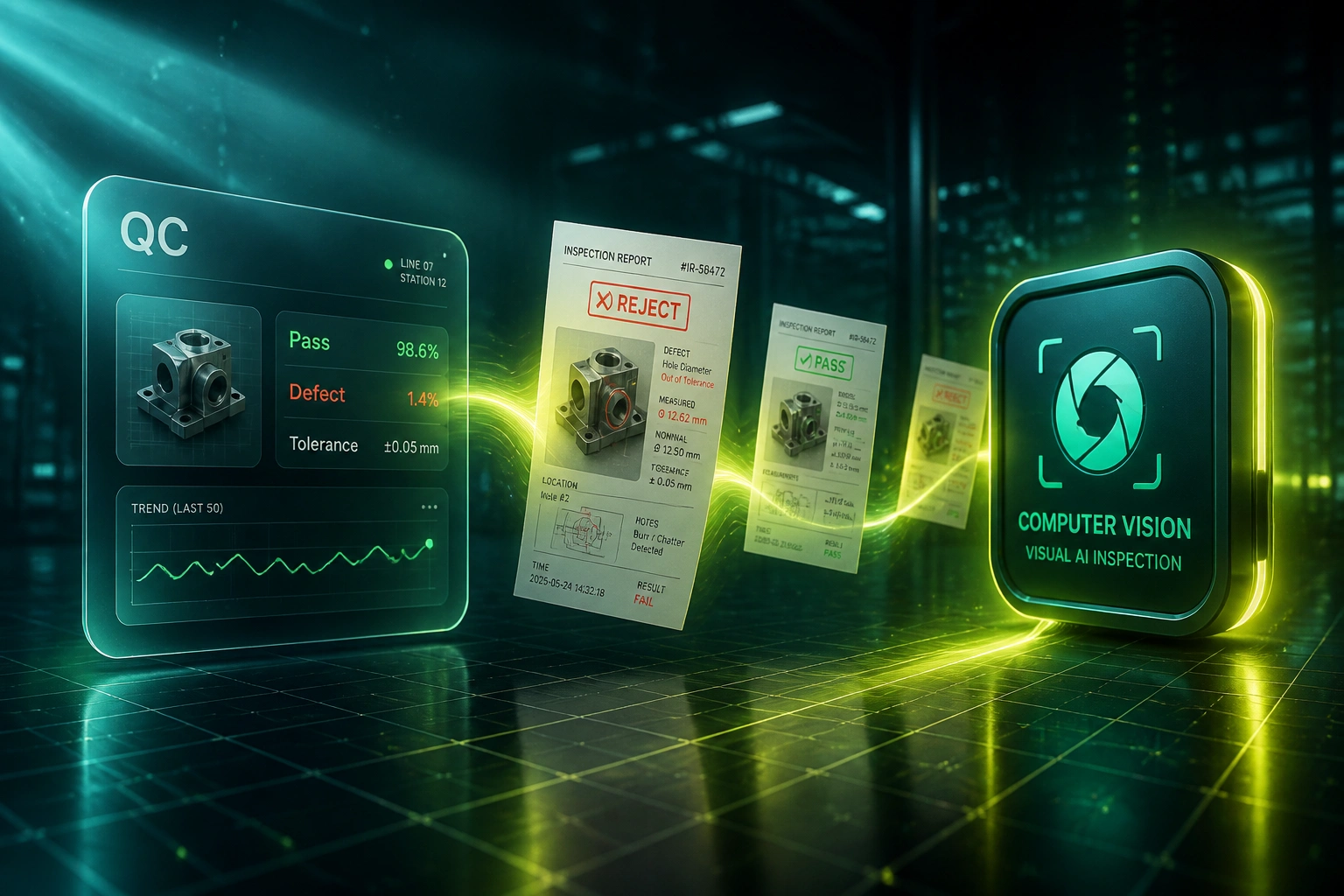 A QC line panel and computer vision badge connected by inspection reports on a teal factory floor, illustrating AI-powered defect detection