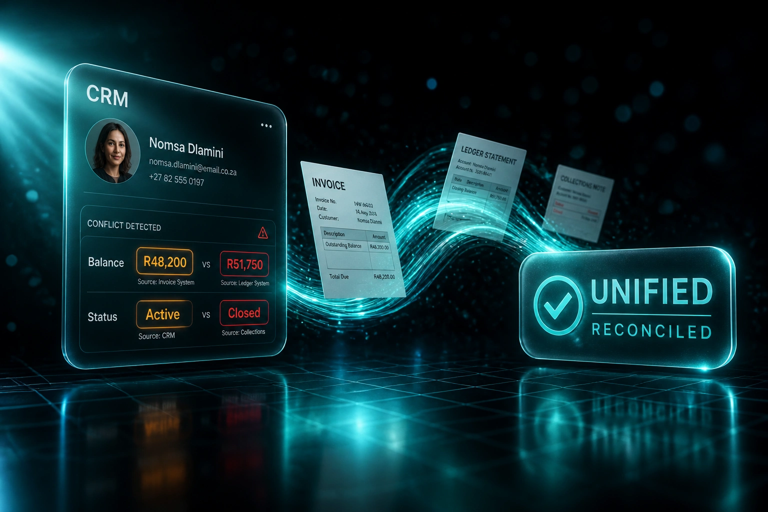 A glass CRM panel shows conflicting Rand balances flowing along a teal S-curve of documents into a UNIFIED RECONCILED badge on a charcoal reflective floor