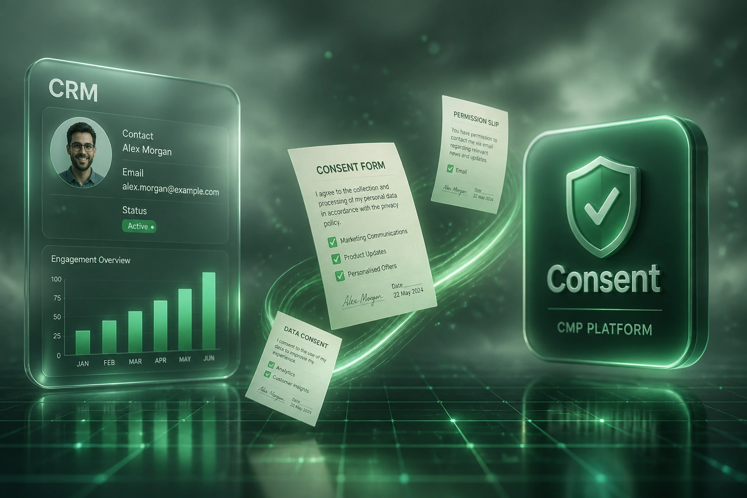 A CRM glass panel and a Consent CMP badge linked by an emerald ribbon of consent forms, illustrating centralised permission tracking