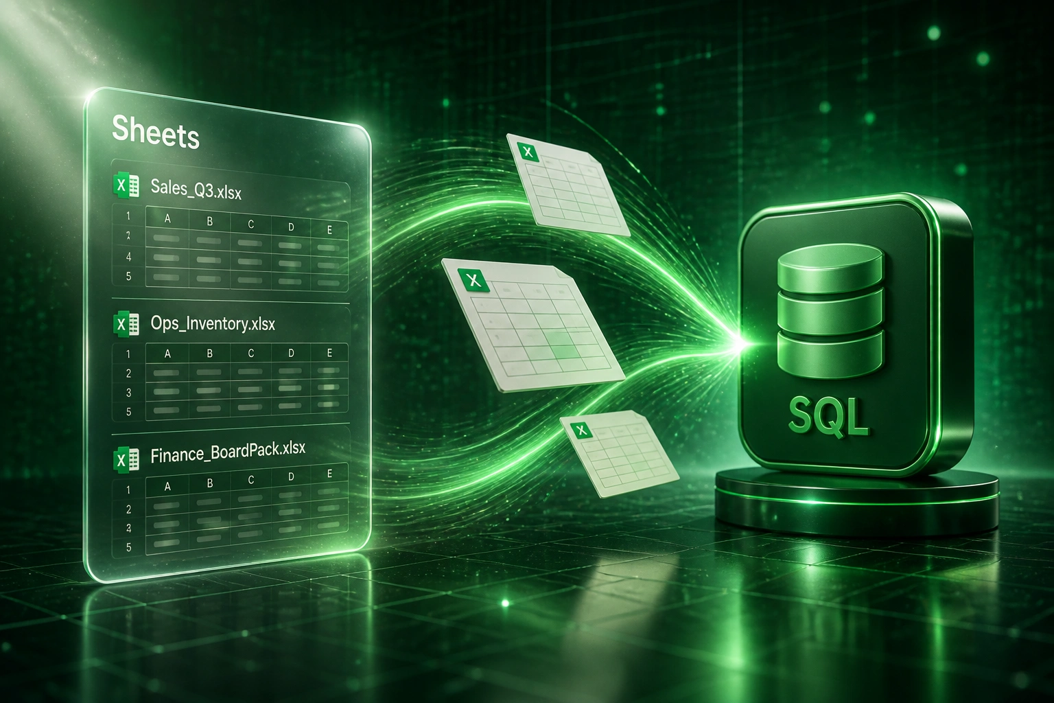 A glass Sheets panel listing departmental Excel workbooks feeds spreadsheet documents along an emerald ribbon of light into a glossy SQL database badge
