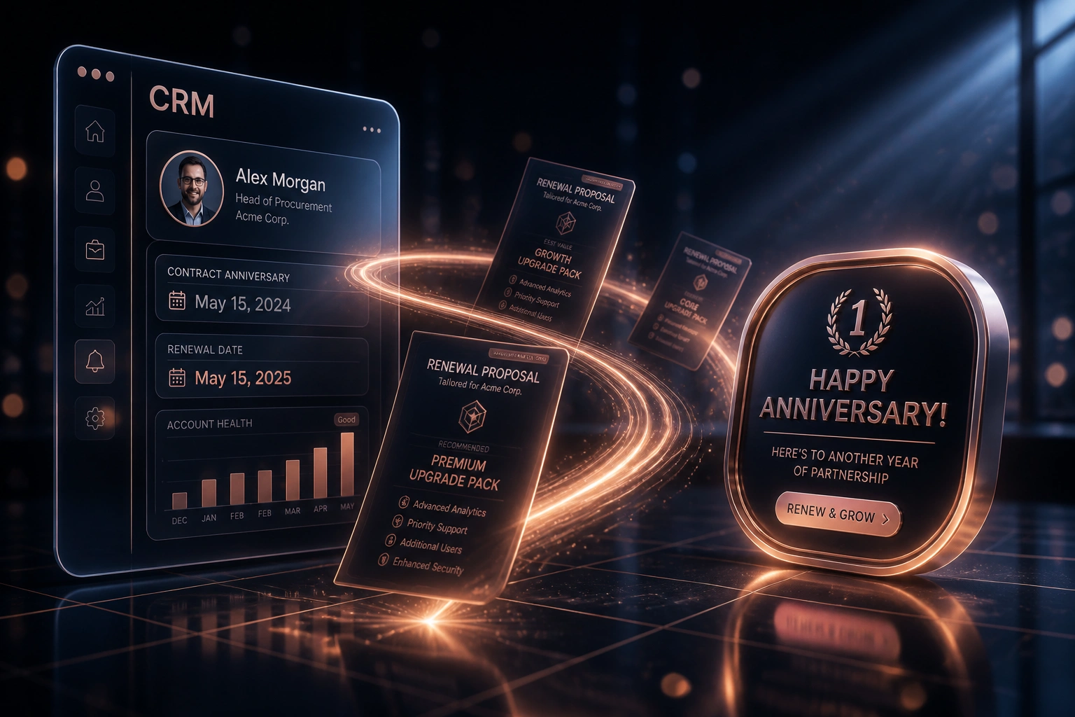 A glass CRM panel showing contract anniversary and renewal dates connected by rose-gold light to an anniversary badge, with upgrade proposal documents in flight