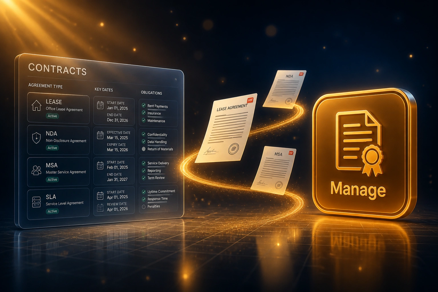 A glass CONTRACTS register panel and a glossy amber Manage badge linked by floating lease, NDA, and MSA documents, illustrating automated contract management and renewal tracking