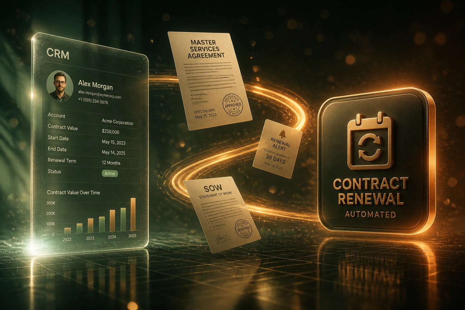 A glass CRM panel and a bronze contract renewal badge linked by an S-curve of alert and contract documents, illustrating automated renewal workflows