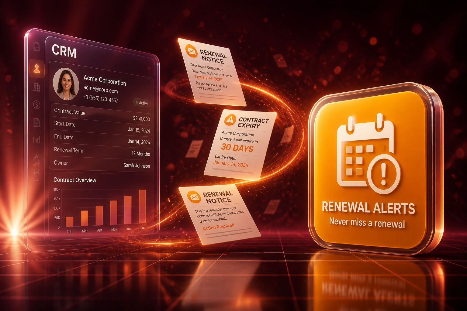 A glass CRM panel and an amber renewal-alert calendar badge connected by floating contract expiry notices, illustrating automated renewal reminders