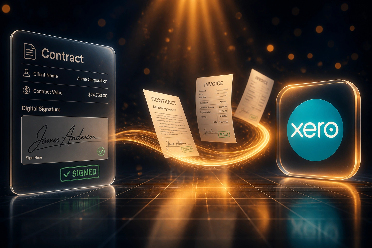 A signed Contract glass panel and the Xero logo connected by an amber ribbon of mid-flight invoices, illustrating signature-to-invoice automation